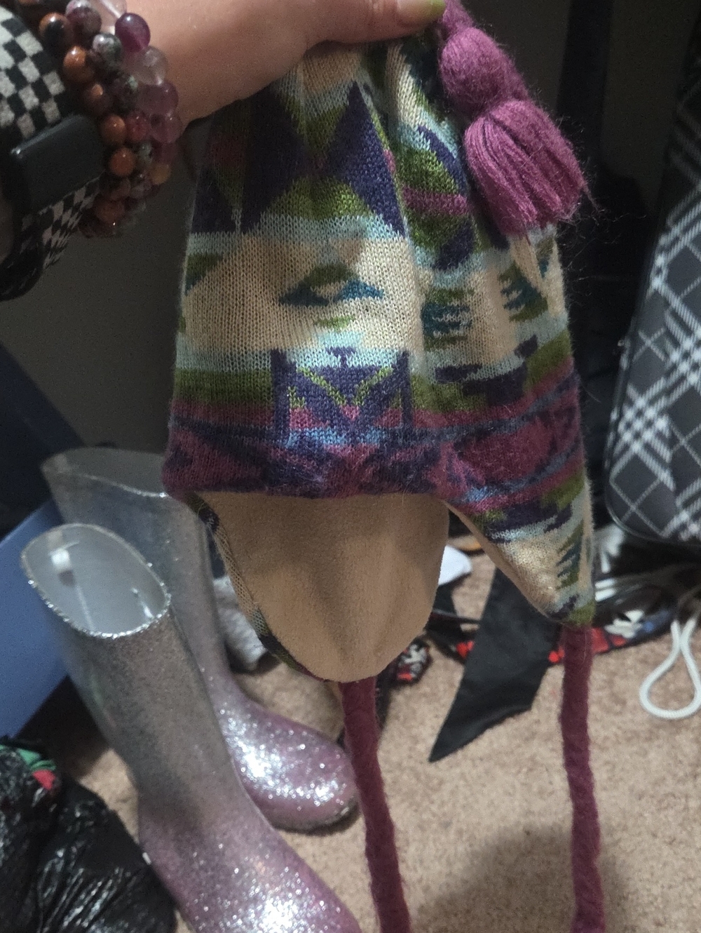 Mossimo Supply Co. Aztec Pattern Earflap Beanie in Cream, Purple, Green